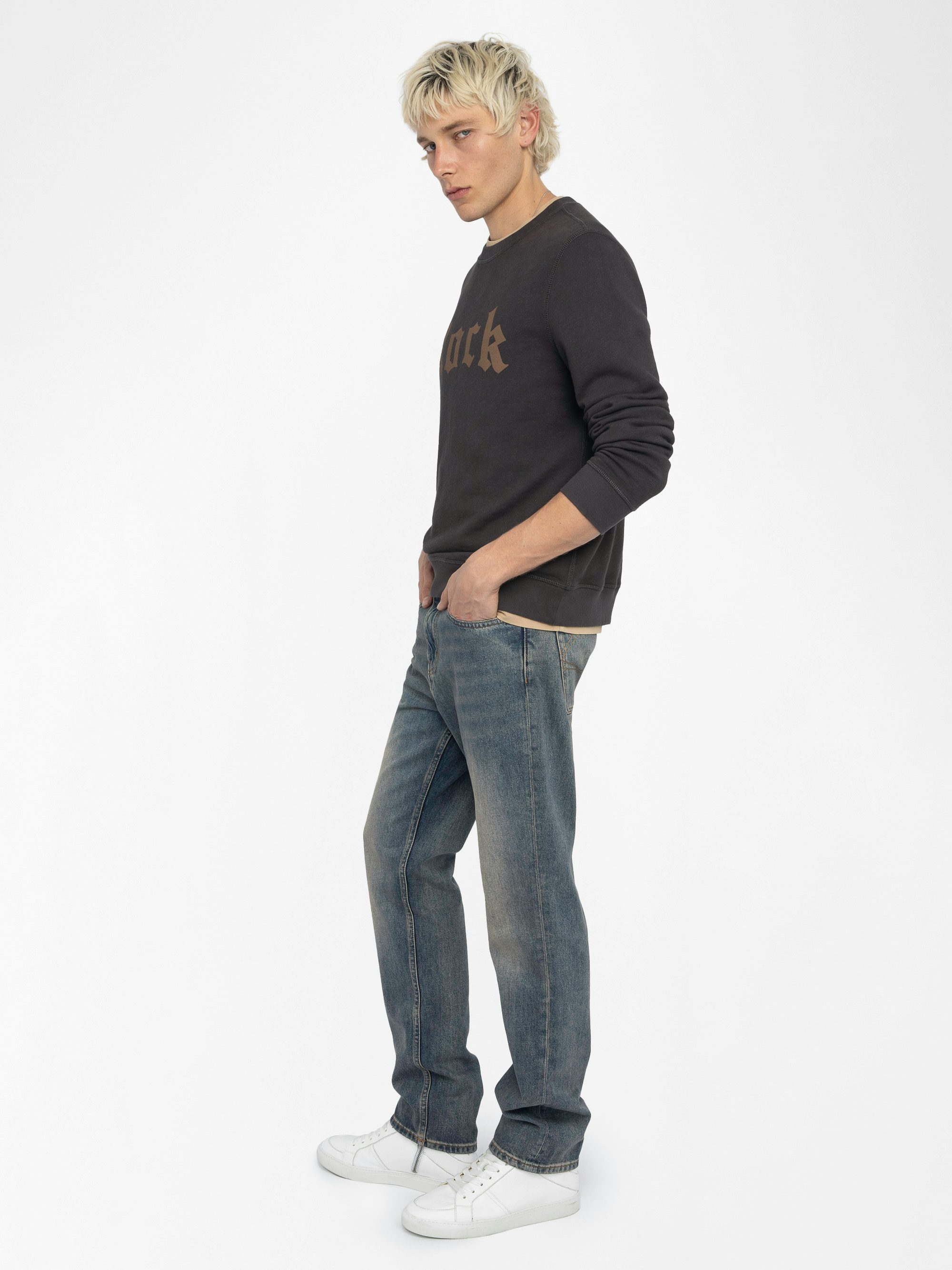 Sweatshirt Stony - Long-sleeved sweatshirt with chevron ribbed cuffs and front print.